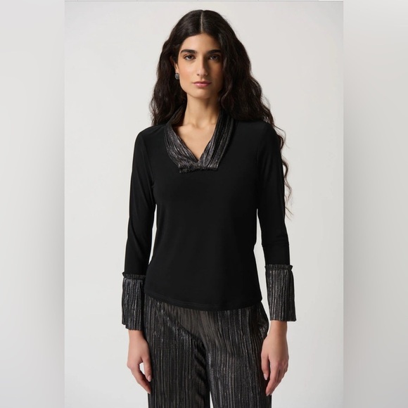 JOSEPH RIBKOFF Metallic Black & Silver Statement Sleeves Top Size 8 - Picture 9 of 13